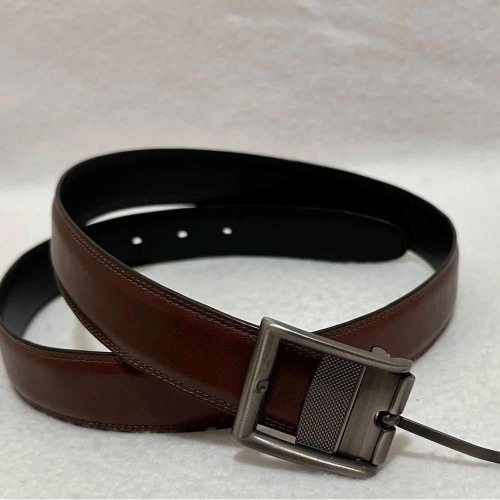 Men’s reversible black brown full grain cowhide belt, pewter buckle, size 38‌‌‌‌